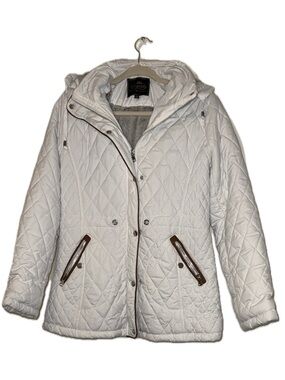 Royalty For Me White Quilted Hooded Puffer Jacket with Brown Trim
